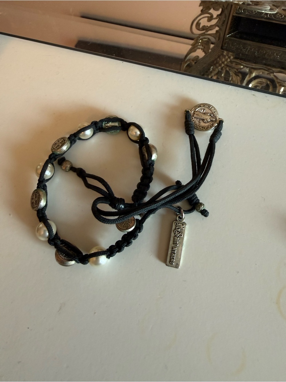 My saint my hero Pearl Bead Cord Bracelet set- Black & Silver